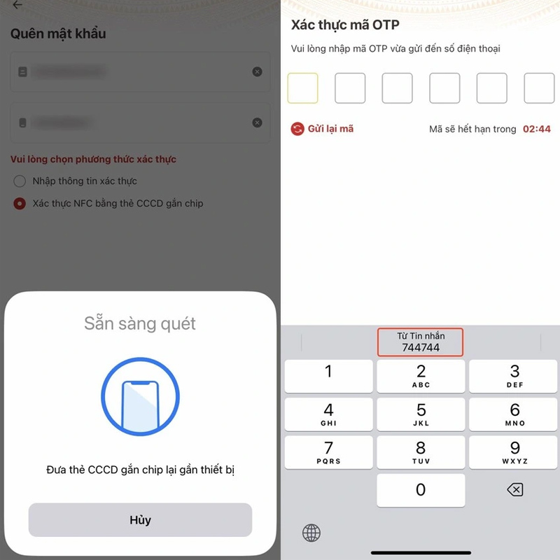 Đưa thẻ CCCD gắn chip lại gần thiết bị, nhập mã OTP và đổi mật khẩu mới