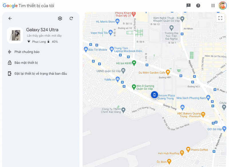 Giao diện trên web của Find My Devices