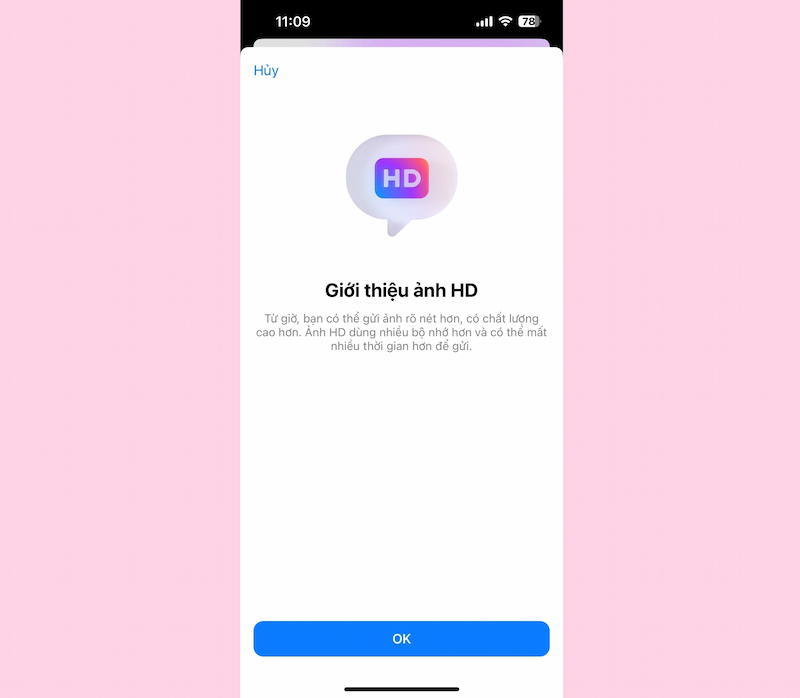 Giao diện giới thiệu tính năng gửi ảnh chất lượng HD qua Messenger