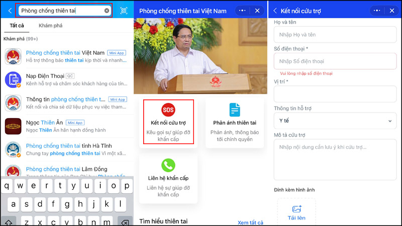 Các bước gửi yêu cầu cứu trợ qua Mini app Phòng chống thiên tai