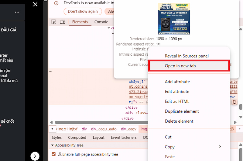 Mở ảnh Instagram trên tab mới