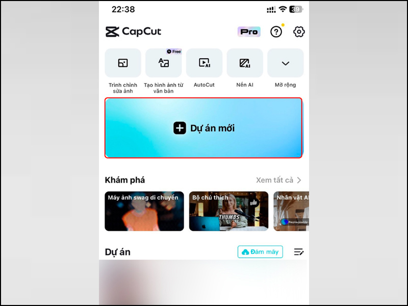 Mở ứng dụng CapCut và chọn Dự án mới để bắt đầu làm video sóng nhạc