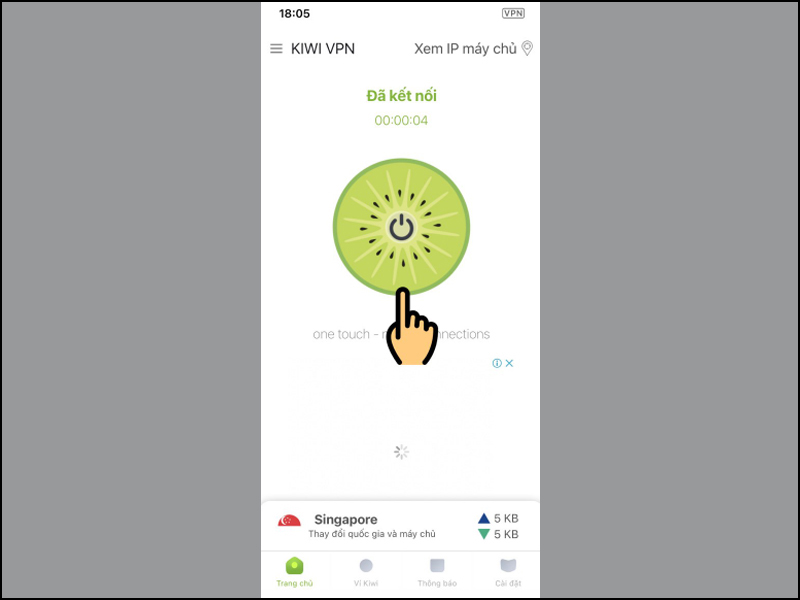 Mở ứng dụng Kiwi VPN và chọn nút tròn nằm giữa để tắt kết nối với IP ảo