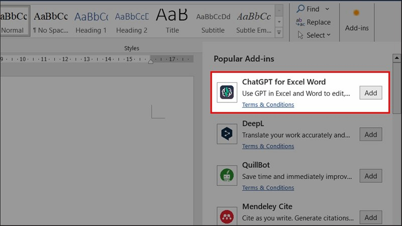 Nhấn Add tại mục ChatGPT for Excel Word