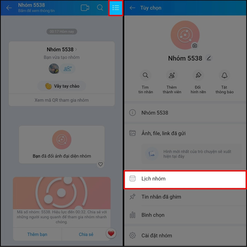 Nhắn chọn Lịch nhóm trong nhóm muốn tạo lịch hẹn