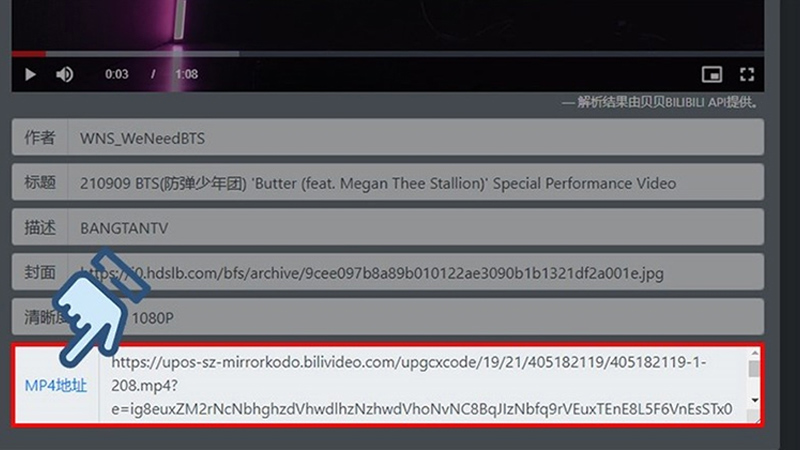 Khi video hiện ra, chọn link MP4