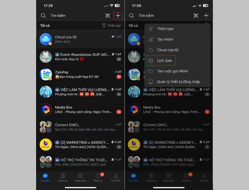 Nhấn chọn vào mục Lịch Zalo