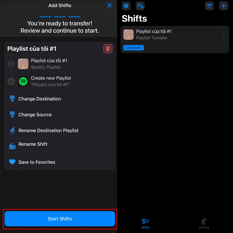 Nhấn Start Shifts để bắt đầu chuyển nhạc từ Spotify sang Apple Music 