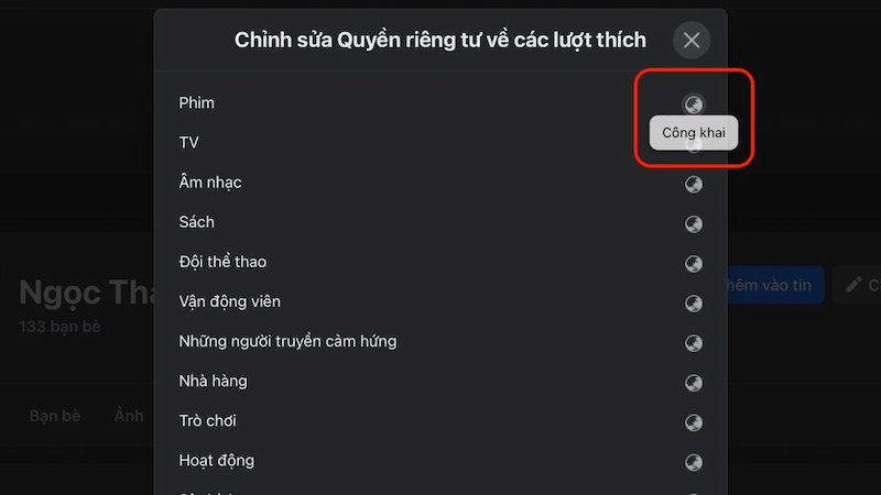 Nhấn vào biểu tượng công khai