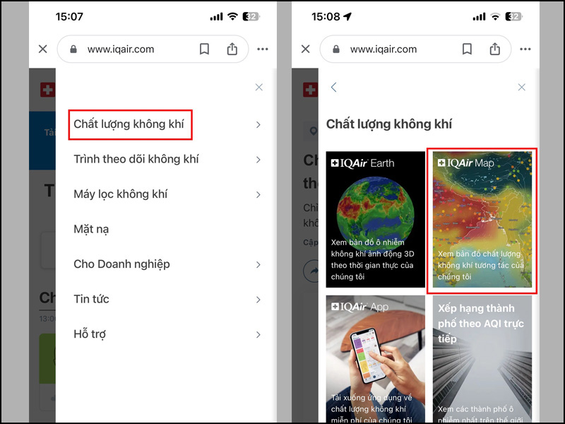 Nhấn vào mục chất lượng không khí và chọn IQAir Map