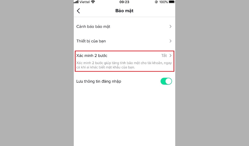 Nhấn vào mục Xác minh 2 bước tại giao diện bảo mật