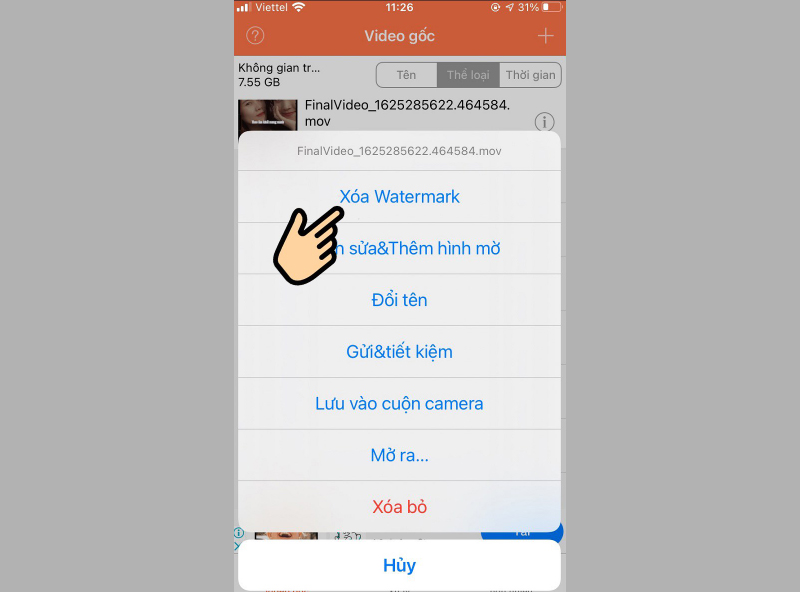 Nhấn vào tùy chọn Watermark ở phía trên cùng