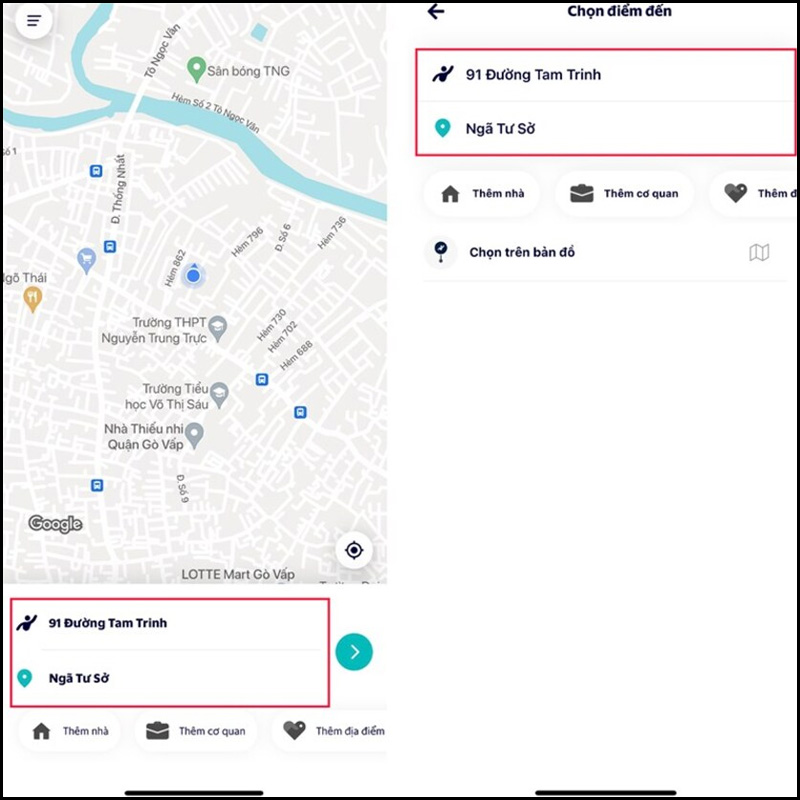 Nhập địa điểm muốn đến trên ứng dụng Xanh SM 
