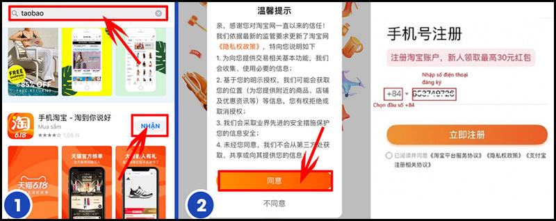 Nhập số điện thoại để đăng ký Taobao