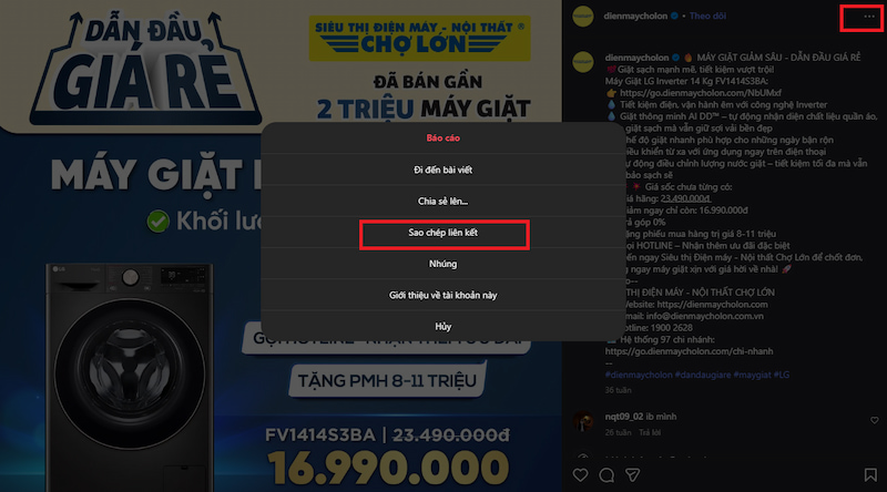 Sao chép liên kết ảnh muốn tải trên Instagram