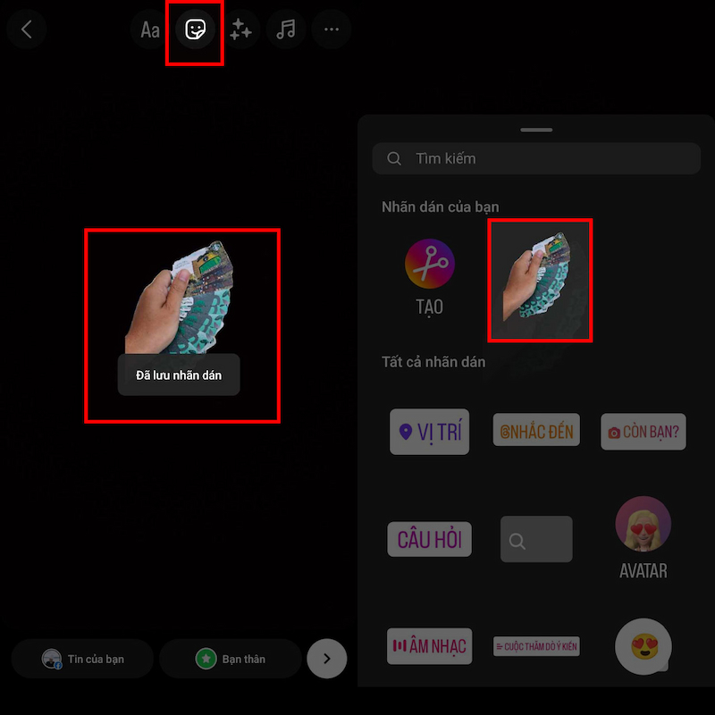 Sticker sau khi tạo sẽ ở mục nhãn dán của bạn trên Instagram