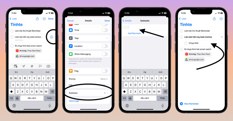 Sử dụng sub task để sắp xếp lời nhắc trên Apple Reminder