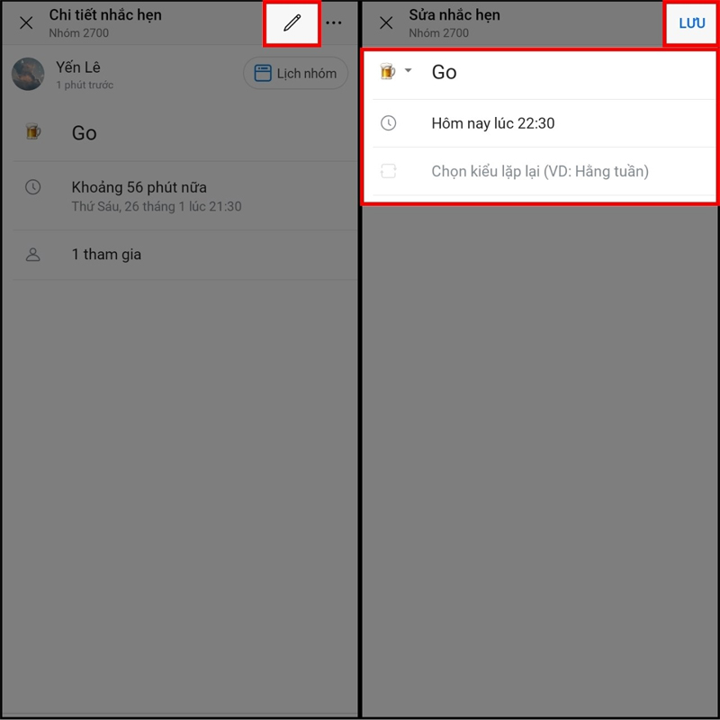 Sửa lịch nhắc hẹn trên Zalo
