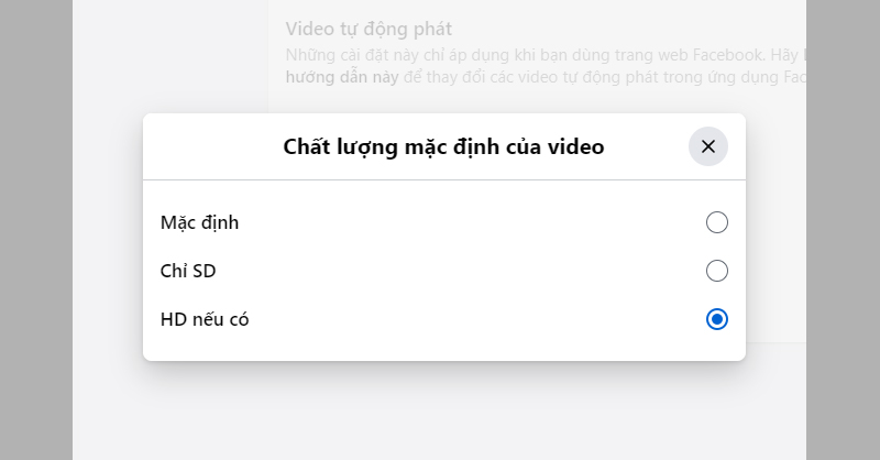 Tại mục Chất lượng mặc định của video, chọn chế độ HD nếu có