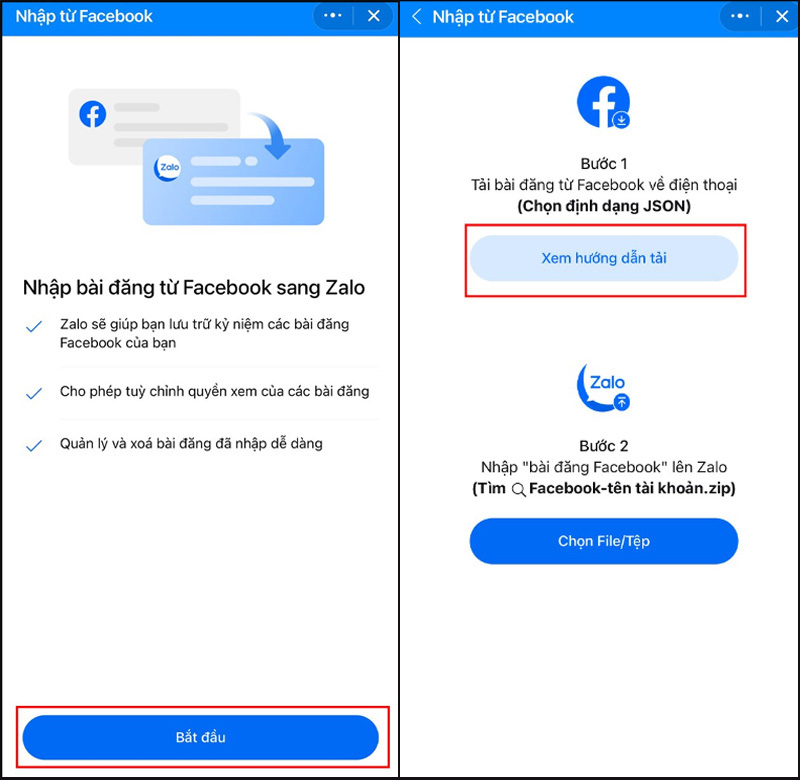 Tại mục Nhập từ Facebook, chọn Bắt đầu và chọn Xem hướng dẫn tải