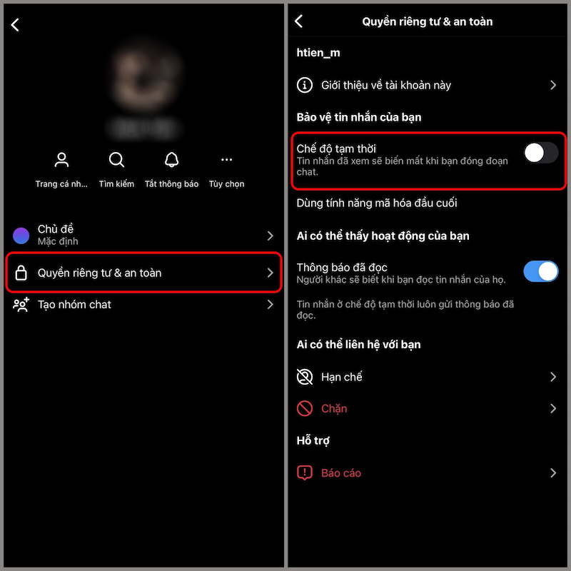 Tắt chế độ tin nhắn tạm thời trên Instagram trong Cài đặt cuộc trò chuyện