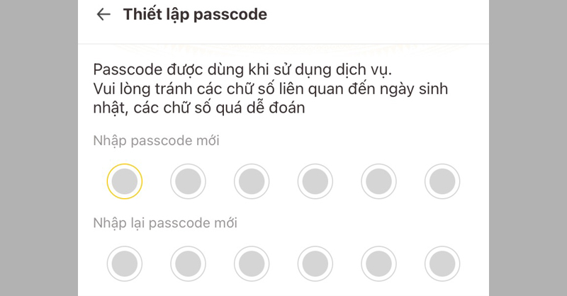 Thiết lập mã passcode mới