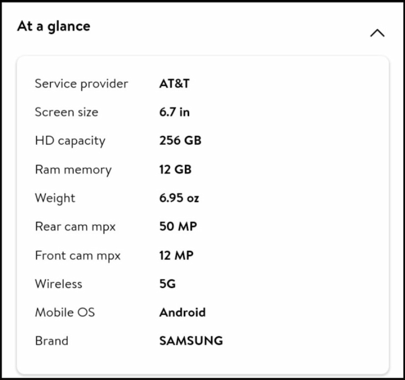 Thông số cấu hình Galaxy S24 Plus trên trang bán hàng Walmart