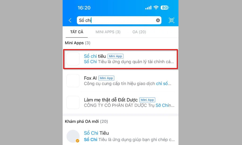 Tìm kiếm và chọn vào Mini App Sổ chi tiêu hiện ở đầu kết quả tìm kiếm