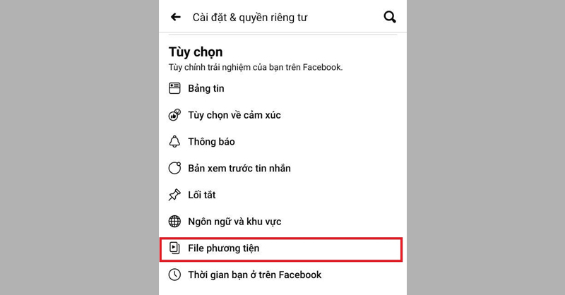 Tìm và nhấn vào mục File phương tiện tại giao diện Cài đặt