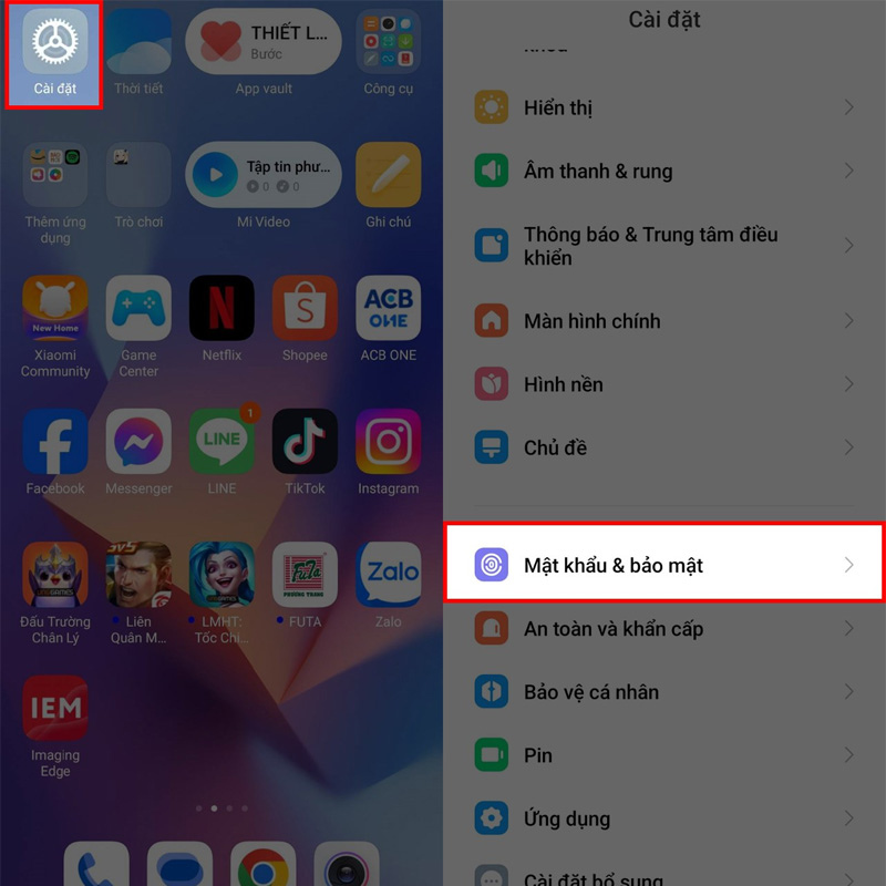 Truy cập vào mục Cài đặt trên điện thoại và chọn Mật khẩu & bảo mật