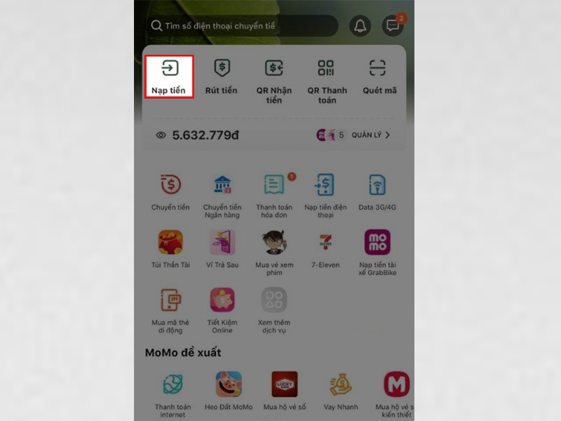 Truy cập vào ứng dụng MoMo trên điện thoại và chọn Nạp tiền