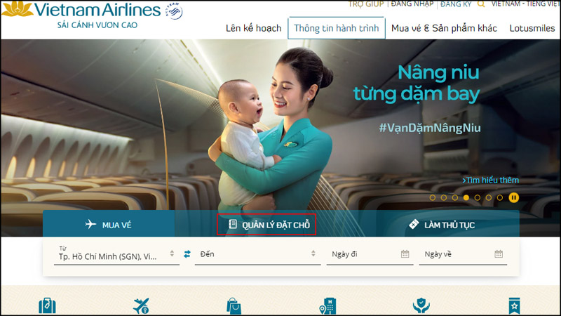 Trong website chính thức của Vietnam Airlines chọn vào Quản lý đặt chỗ