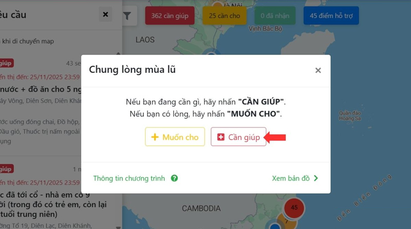 Nhấn vào mục Cần giúp trong website cuutro.jci.vn