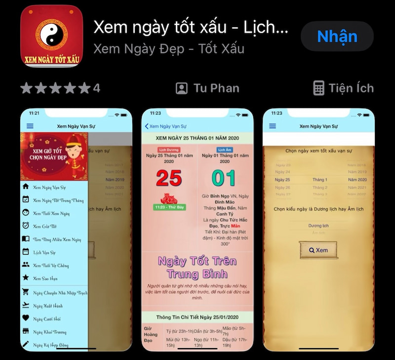 Ứng dụng Xem ngày tốt xấu hiển thị lịch Âm