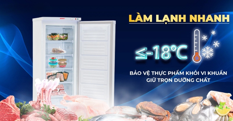 Ở nhiệt độ dưới ≤-18°C thực phẩm được bảo quản đông lạnh sâu