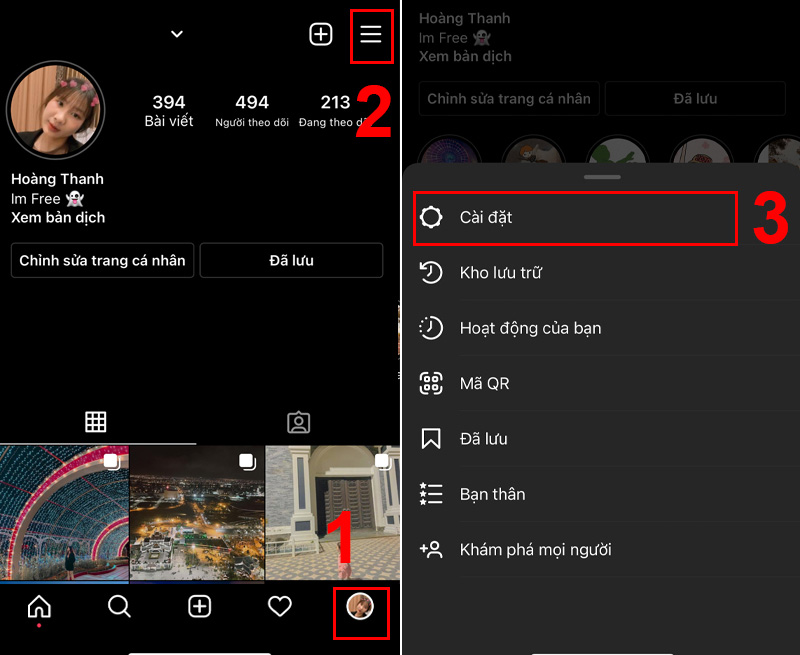 Chọn Cài đặt trong giao diện trang cá nhân Instagram