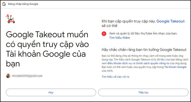 Chọn Tiếp tục để cấp quyền quản lý YouTube Music cho Google Takeout