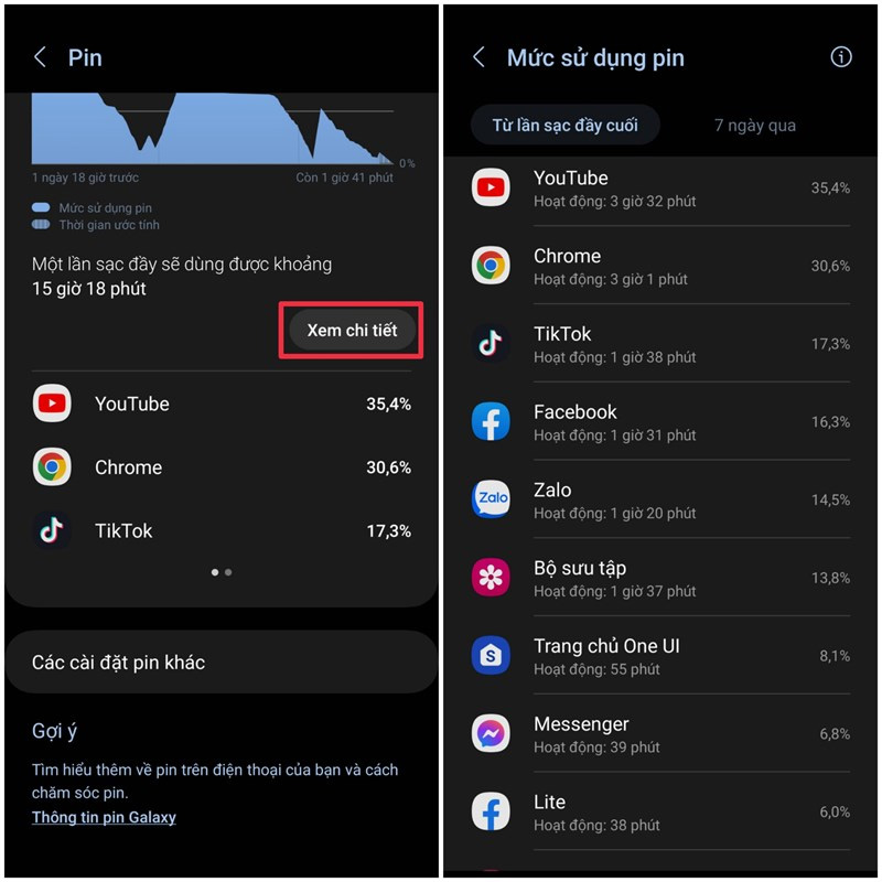 Chọn Xem chi tiết để theo dõi mức sử dụng pin chi tiết của ứng dụng 