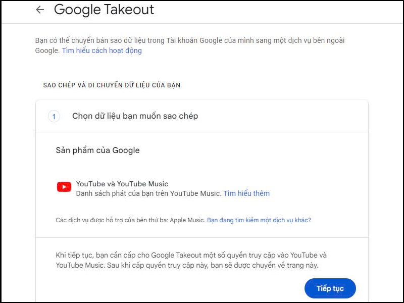 Nhấn vào tùy chọn Tiếp tục để cấp quyền truy cập cho Google Takeout