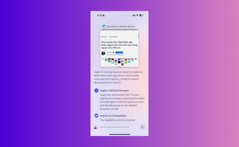 Arc Search trên iPhone không hỗ trợ tóm tắt nội dung Tiếng Việt