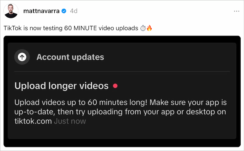 Bằng chứng cho thấy TikTok thử nghiệm video dài 60 phút