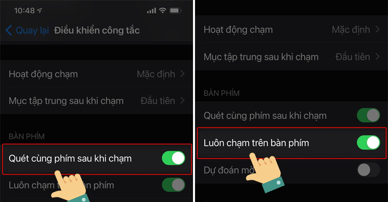 Bật các tùy chọn trên