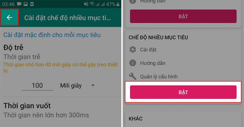 Bật chế độ nhiều mục tiêu