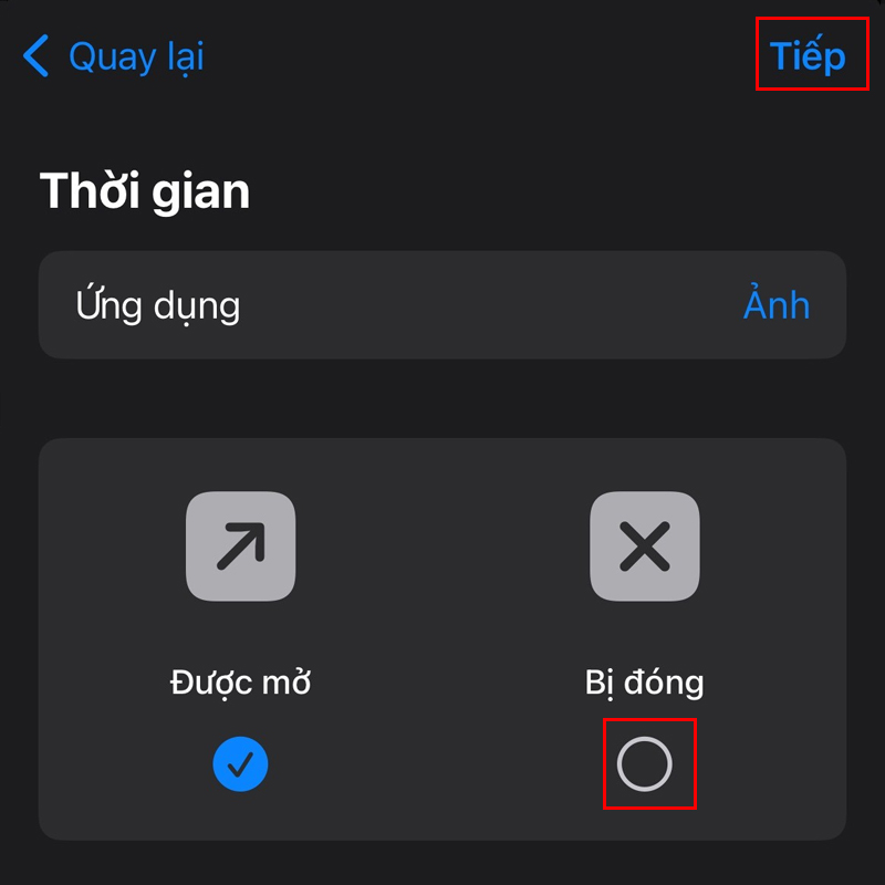 Bật Được mở và Bị đóng và nhấn Tiếp tục