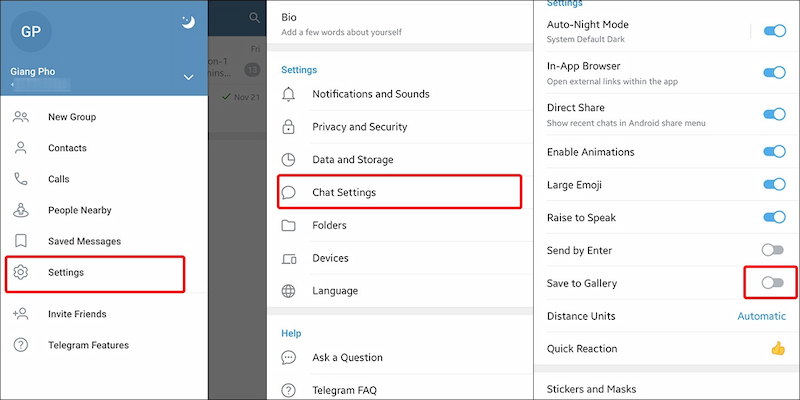 Bật mục Save to Gallery để tải ảnh, video Telegram bị chặn