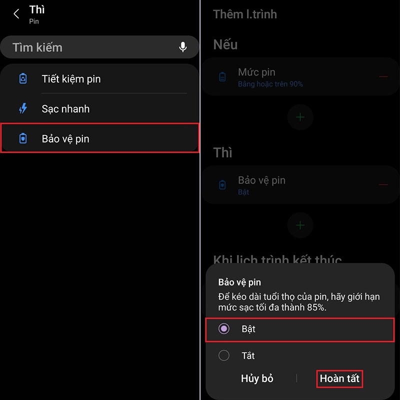 Bật tính năng Bảo vệ pin và nhấn Hoàn tất