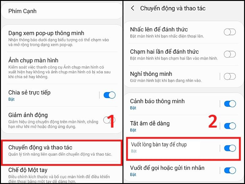 Bật Vuốt lòng bàn tay để chụp