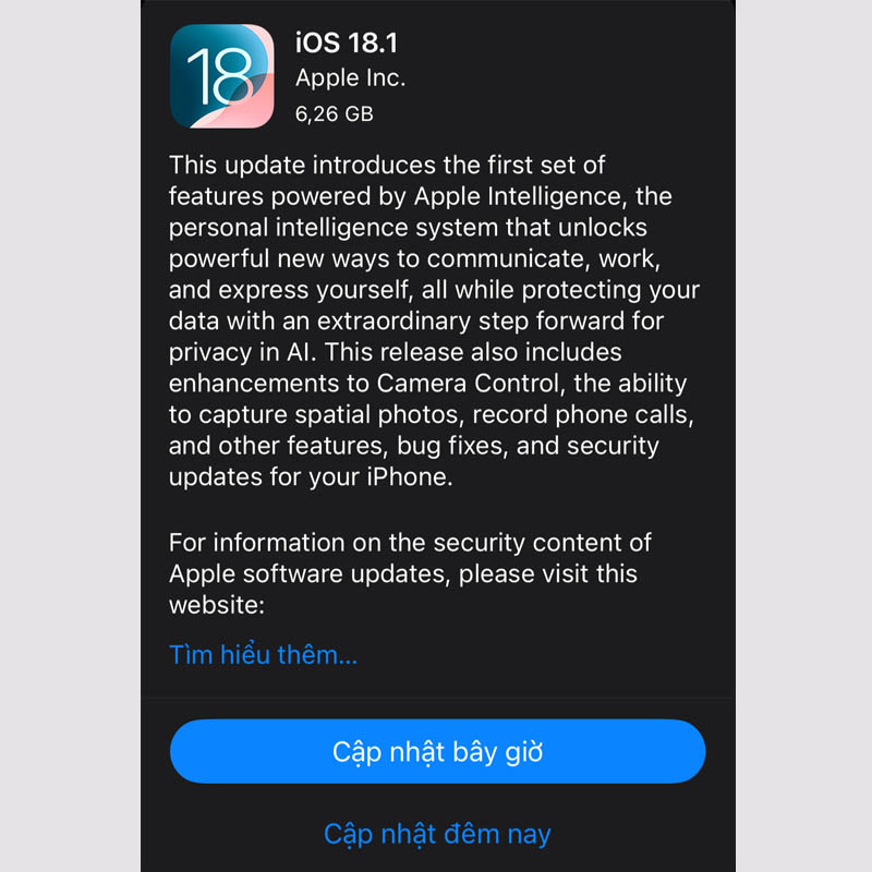 Chọn cập nhật bây giờ để cập nhật lên iOS 18.1 RC