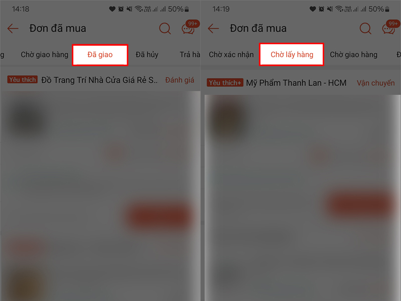 Nhấn vào mục cần xem trong Lịch sử mua hàng Shopee