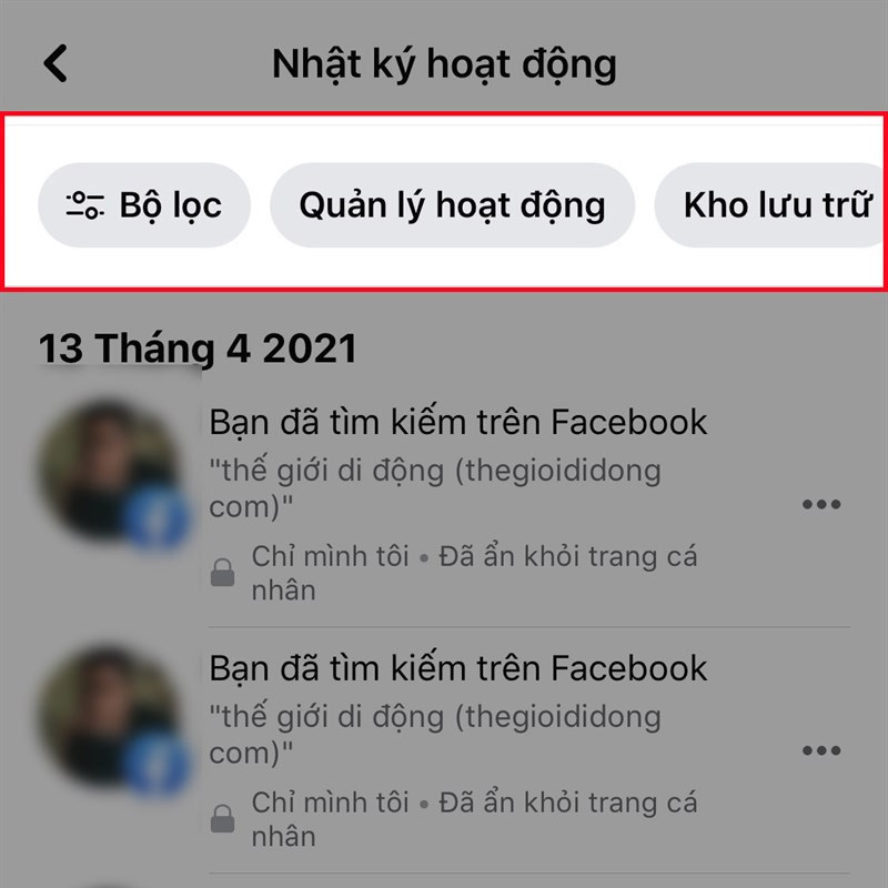 Các tùy chọn trong Nhật ký hoạt động